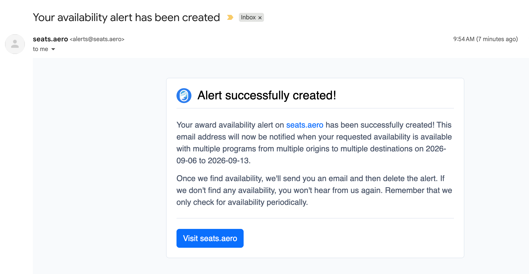 Seats.aero alert creation confirmation. SEATS.AERO